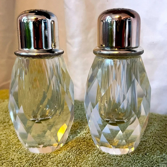 Vintage Faceted Heavy Lead Crystal Salt and Pepper Grinder | Sterling Plate Top - Picture 1 of 8